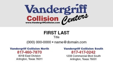Vandergriff Collision Center Business Card with Both Addresses