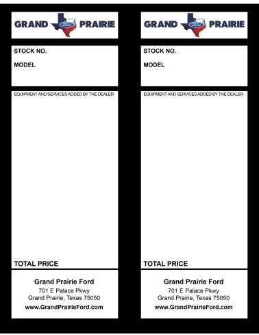 Grand Prairie Ford Addendum Tag Blanks w/perforation - NO Sticky Back
