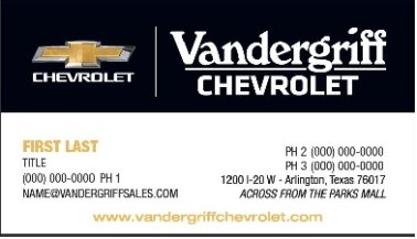 Vandergriff Chevrolet Service Rental Department Business Card – Ver. 5
