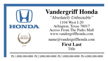 Vandergriff Honda Business Card, Ver. 2 – 4 Phones