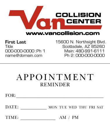 Van Chevrolet AZ Collision Center Appointment Card