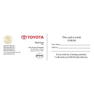 Texas Toyota of Grapevine Business Cards - Two Sided - Variable $ Amount on Back