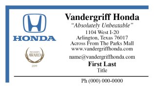 Vandergriff Honda Business Card, Ver. 2 – 1 Phone