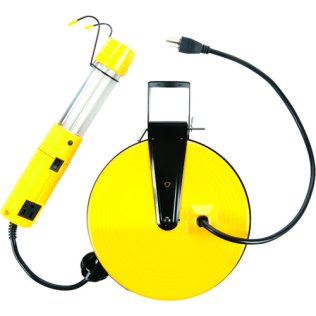 13w Florescent Shop-Light with Receptacle on Heavy Duty Metal Reel 40' 16/3 SJT Cord with Clip and Magnetic Clip Yellow (Sold Individually)