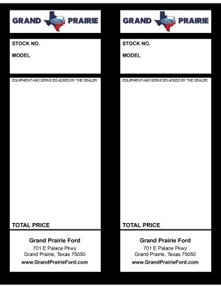 Grand Prairie Ford Addendum Tag Blanks w/perforation - NO Sticky Back