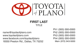 Toyota of Plano Used Car and Service One-Sided Business Cards