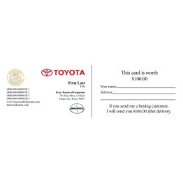 Texas Toyota of Grapevine Business Cards - Two Sided - Variable $ Amount on Back