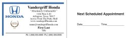 Vandergriff Honda Appointment Card – 2 Phone