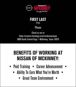Nissan of McKinney Sales Manager Business Card