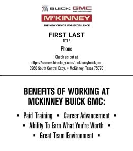 McKinney Buick GMC Sales Manager Business Card